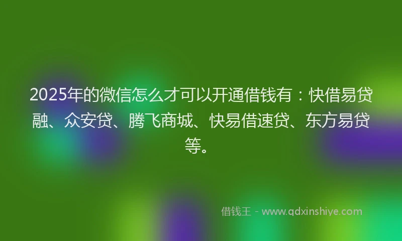 2025年的微信怎么才可以开通借钱有：快借易贷融、众安贷、腾飞商城、快易借速贷、东方易贷等。