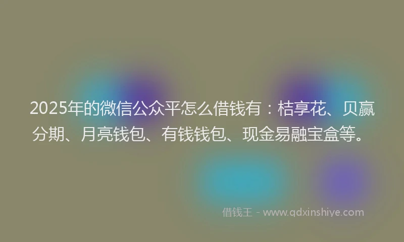 2025年的微信公众平怎么借钱有：桔享花、贝赢分期、月亮钱包、有钱钱包、现金易融宝盒等。