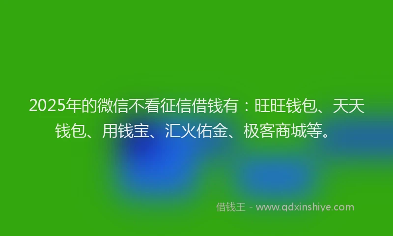 2025年的微信不看征信借钱有：旺旺钱包、天天钱包、用钱宝、汇火佑金、极客商城等。