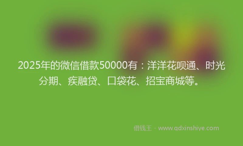 2025年的微信借款50000有：洋洋花呗通、时光分期、疾融贷、口袋花、招宝商城等。