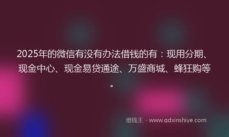 2025年的微信有没有办法借钱的有：现用分期、现金中心、现金易贷通途、万盛商城、蜂狂购等。