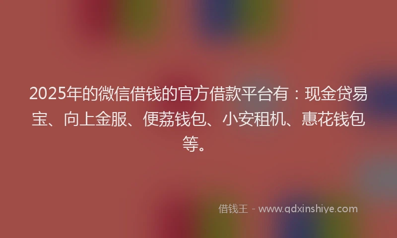 2025年的微信借钱的官方借款平台有：现金贷易宝、向上金服、便荔钱包、小安租机、惠花钱包等。