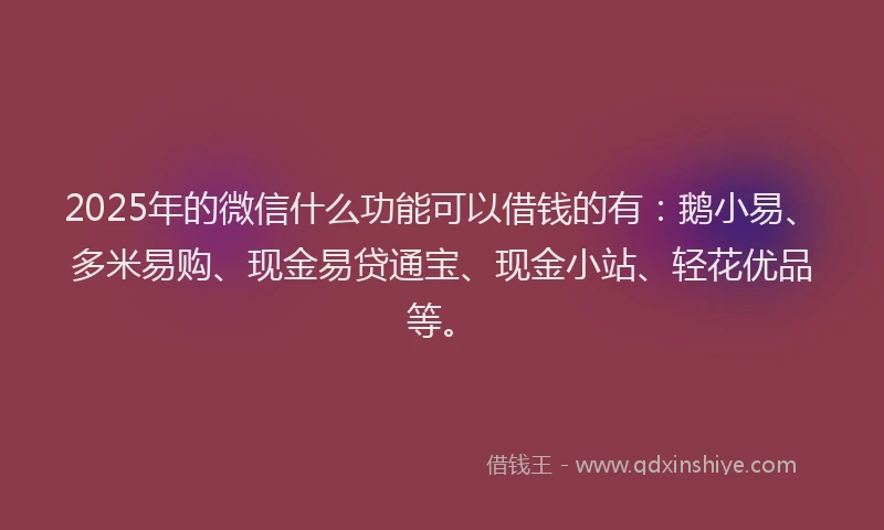 2025年的微信什么功能可以借钱的有：鹅小易、多米易购、现金易贷通宝、现金小站、轻花优品等。