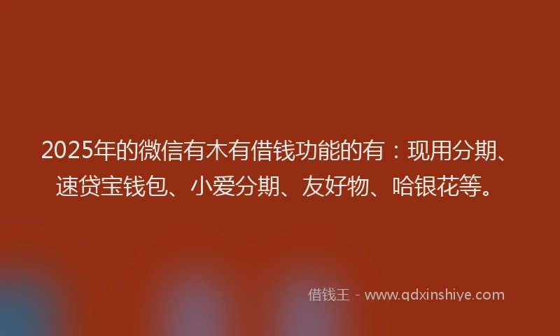 2025年的微信有木有借钱功能的有：现用分期、速贷宝钱包、小爱分期、友好物、哈银花等。