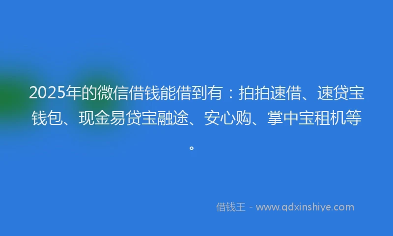 2025年的微信借钱能借到有：拍拍速借、速贷宝钱包、现金易贷宝融途、安心购、掌中宝租机等。