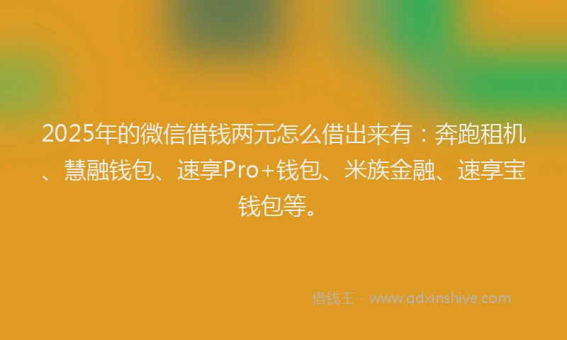 2025年的微信借钱两元怎么借出来有：奔跑租机、慧融钱包、速享Pro+钱包、米族金融、速享宝钱包等。