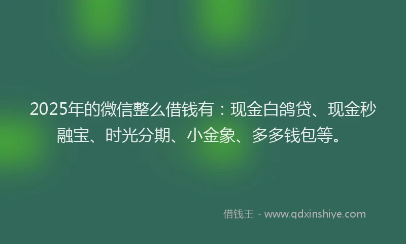 2025年的微信整么借钱有：现金白鸽贷、现金秒融宝、时光分期、小金象、多多钱包等。