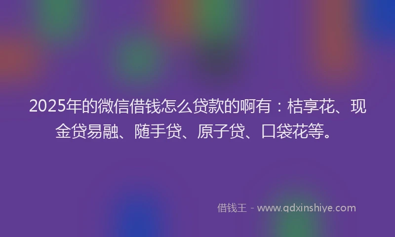2025年的微信借钱怎么贷款的啊有：桔享花、现金贷易融、随手贷、原子贷、口袋花等。