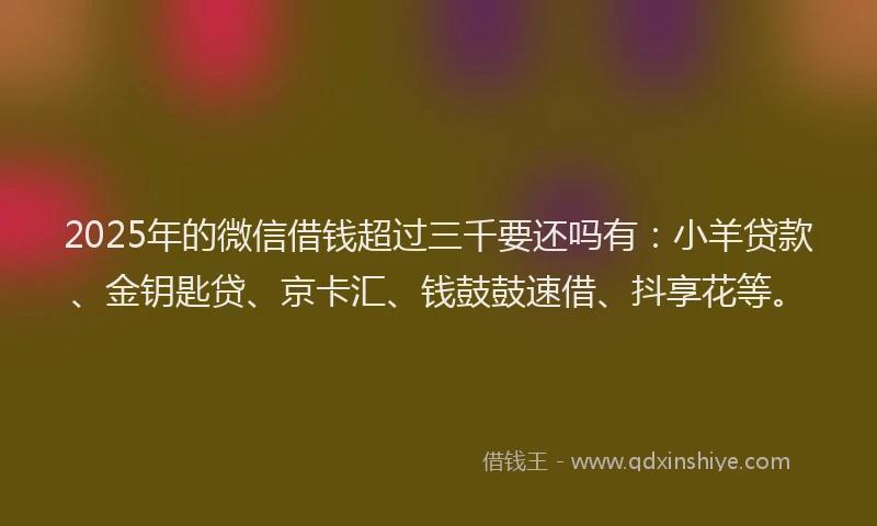 2025年的微信借钱超过三千要还吗有:小羊贷款、金钥匙贷、京卡汇、钱鼓鼓速借、抖享花等。