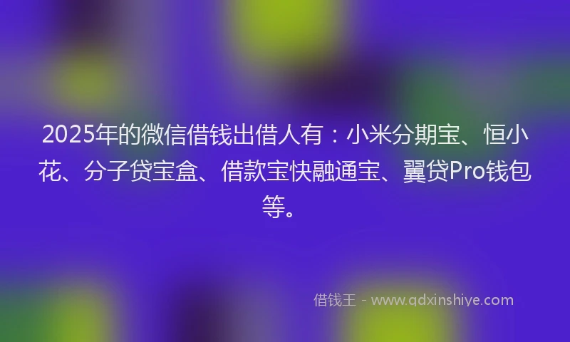 2025年的微信借钱出借人有：小米分期宝、恒小花、分子贷宝盒、借款宝快融通宝、翼贷Pro钱包等。