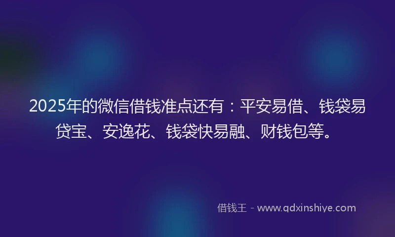2025年的微信借钱准点还有：平安易借、钱袋易贷宝、安逸花、钱袋快易融、财钱包等。