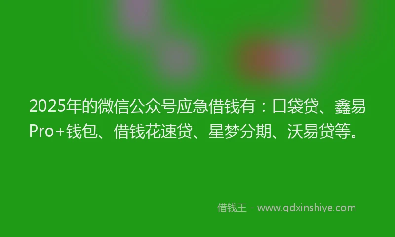 2025年的微信公众号应急借钱有：口袋贷、鑫易Pro+钱包、借钱花速贷、星梦分期、沃易贷等。