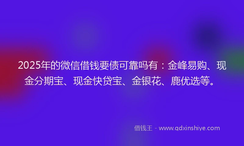 2025年的微信借钱要债可靠吗有：金峰易购、现金分期宝、现金快贷宝、金银花、鹿优选等。