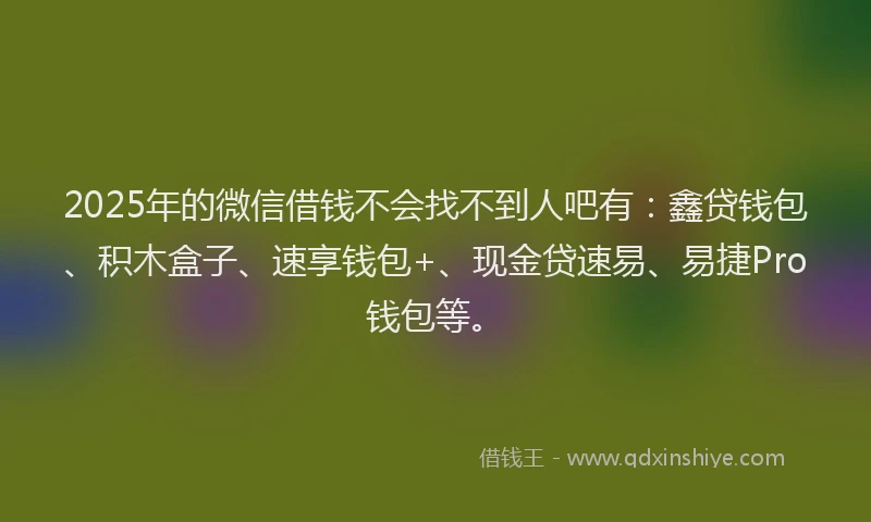 2025年的微信借钱不会找不到人吧有：鑫贷钱包、积木盒子、速享钱包+、现金贷速易、易捷Pro钱包等。