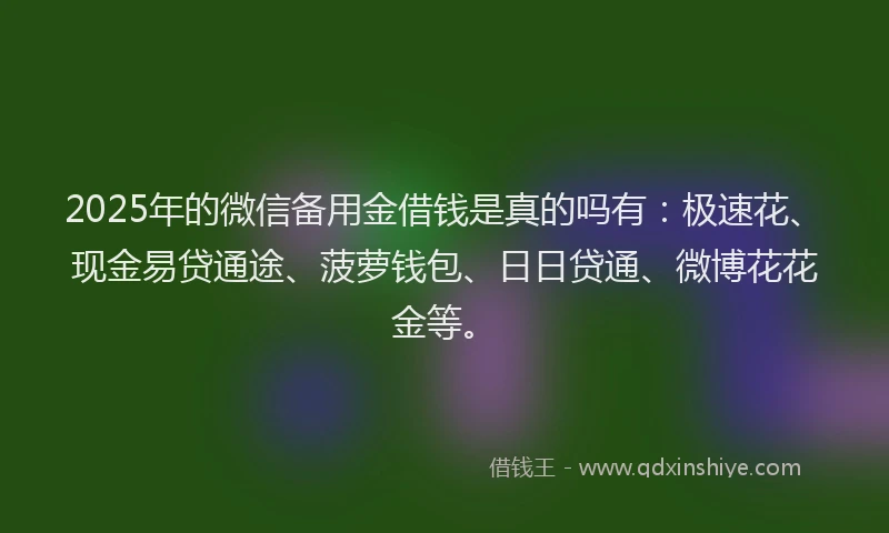 2025年的微信备用金借钱是真的吗有：极速花、现金易贷通途、菠萝钱包、日日贷通、微博花花金等。