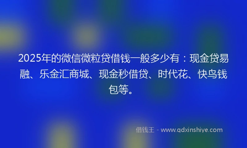 2025年的微信微粒贷借钱一般多少有：现金贷易融、乐金汇商城、现金秒借贷、时代花、快鸟钱包等。