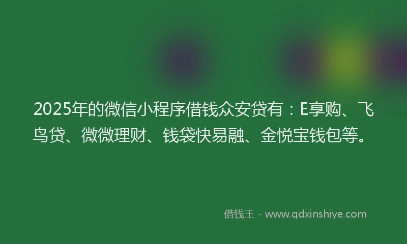 2025年的微信小程序借钱众安贷有：E享购、飞鸟贷、微微理财、钱袋快易融、金悦宝钱包等。
