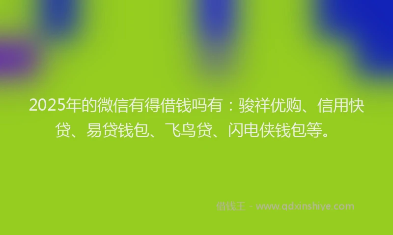 2025年的微信有得借钱吗有：骏祥优购、信用快贷、易贷钱包、飞鸟贷、闪电侠钱包等。
