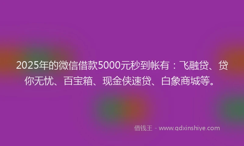 2025年的微信借款5000元秒到帐有：飞融贷、贷你无忧、百宝箱、现金侠速贷、白象商城等。