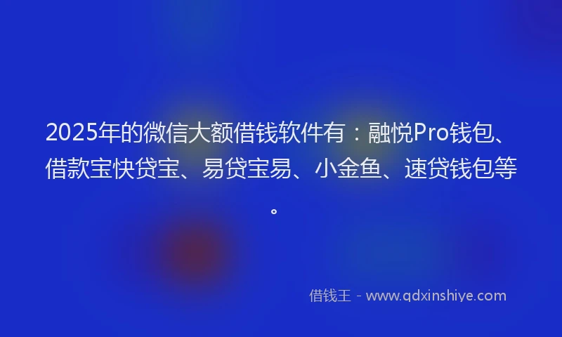 2025年的微信大额借钱软件有：融悦Pro钱包、借款宝快贷宝、易贷宝易、小金鱼、速贷钱包等。