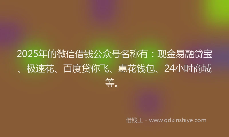 2025年的微信借钱公众号名称有：现金易融贷宝、极速花、百度贷你飞、惠花钱包、24小时商城等。