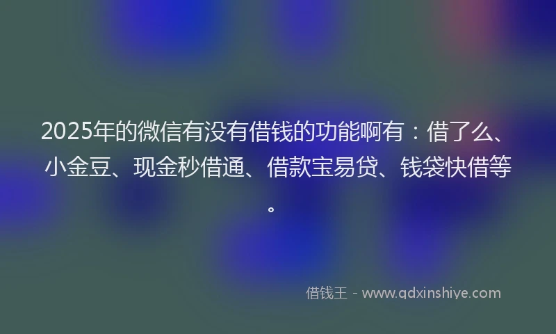2025年的微信有没有借钱的功能啊有：借了么、小金豆、现金秒借通、借款宝易贷、钱袋快借等。
