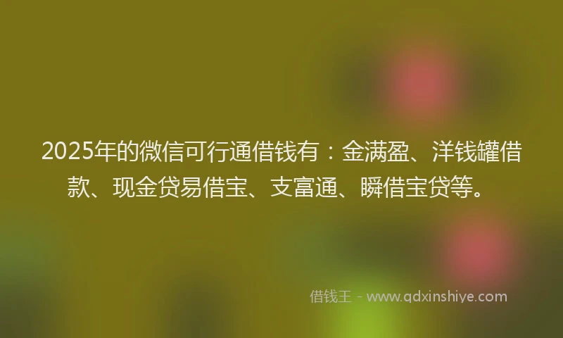 2025年的微信可行通借钱有：金满盈、洋钱罐借款、现金贷易借宝、支富通、瞬借宝贷等。