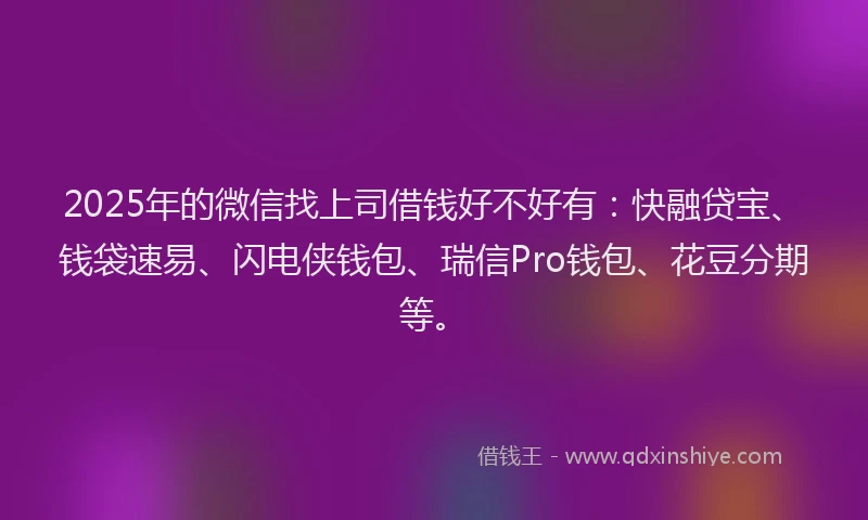 2025年的微信找上司借钱好不好有:快融贷宝、钱袋速易、闪电侠钱包、瑞信Pro钱包、花豆分期等。