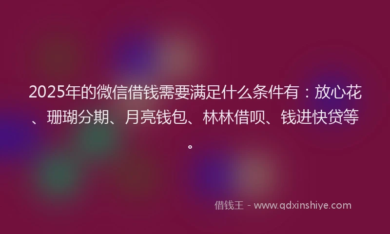 2025年的微信借钱需要满足什么条件有：放心花、珊瑚分期、月亮钱包、林林借呗、钱进快贷等。