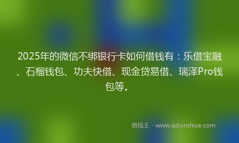 2025年的微信不绑银行卡如何借钱有：乐借宝融、石榴钱包、功夫快借、现金贷易借、瑞泽Pro钱包等。