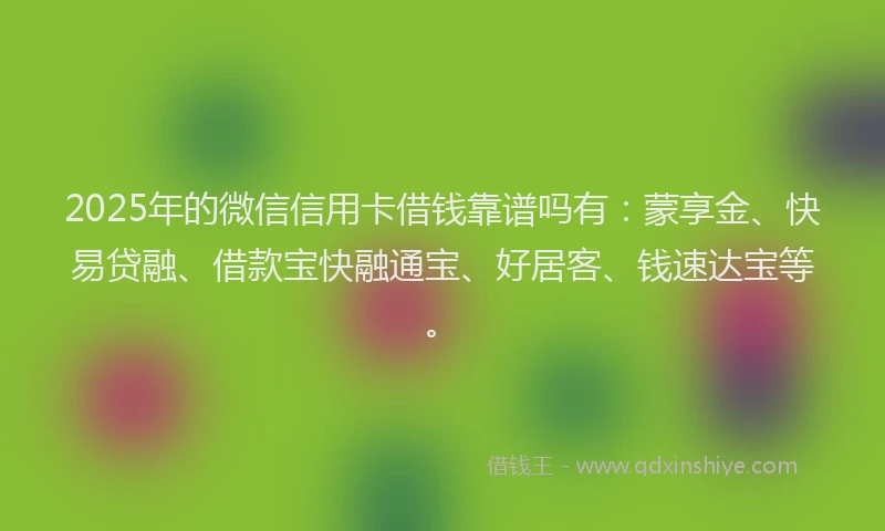 2025年的微信信用卡借钱靠谱吗有：蒙享金、快易贷融、借款宝快融通宝、好居客、钱速达宝等。