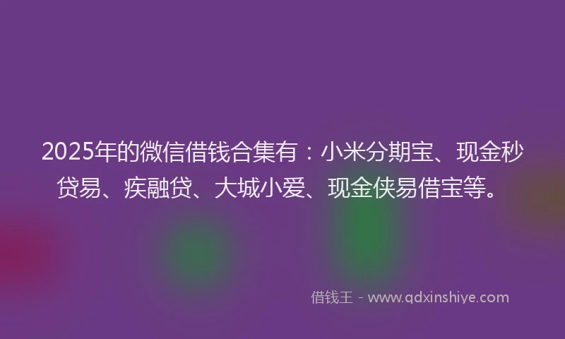 2025年的微信借钱合集有：小米分期宝、现金秒贷易、疾融贷、大城小爱、现金侠易借宝等。
