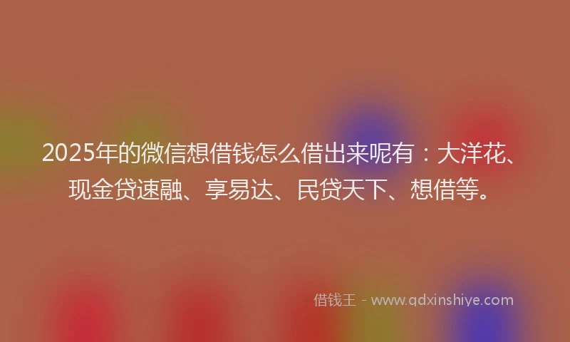 2025年的微信想借钱怎么借出来呢有：大洋花、现金贷速融、享易达、民贷天下、想借等。