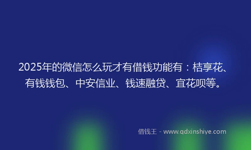 2025年的微信怎么玩才有借钱功能有：桔享花、有钱钱包、中安信业、钱速融贷、宜花呗等。