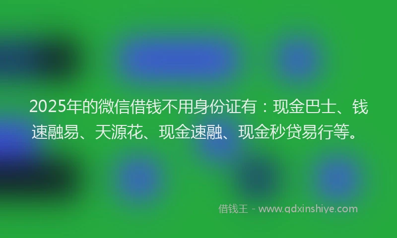 2025年的微信借钱不用身份证有：现金巴士、钱速融易、天源花、现金速融、现金秒贷易行等。