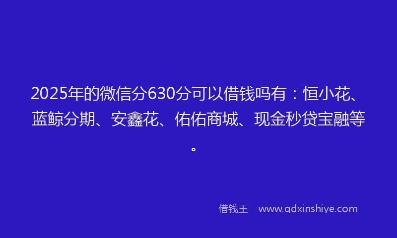 2025年的微信分630分可以借钱吗有：恒小花、蓝鲸分期、安鑫花、佑佑商城、现金秒贷宝融等。