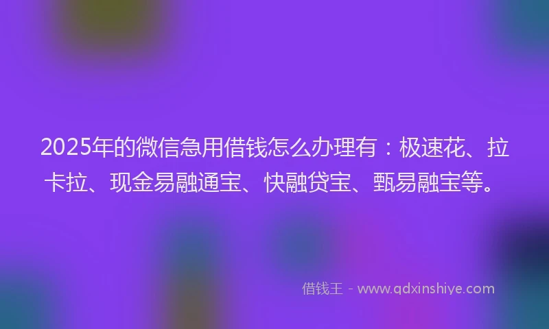2025年的微信急用借钱怎么办理有：极速花、拉卡拉、现金易融通宝、快融贷宝、甄易融宝等。