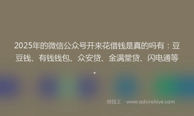 2025年的微信公众号开来花借钱是真的吗有：豆豆钱、有钱钱包、众安贷、金满堂贷、闪电通等。