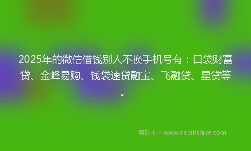 2025年的微信借钱别人不换手机号有：口袋财富贷、金峰易购、钱袋速贷融宝、飞融贷、星贷等。