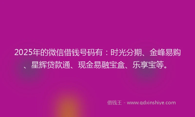 2025年的微信借钱号码有：时光分期、金峰易购、星辉贷款通、现金易融宝盒、乐享宝等。