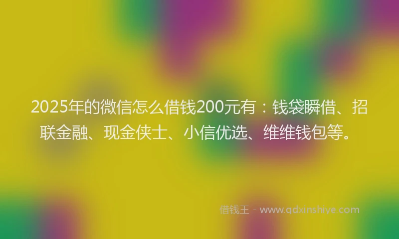 2025年的微信怎么借钱200元有：钱袋瞬借、招联金融、现金侠士、小信优选、维维钱包等。