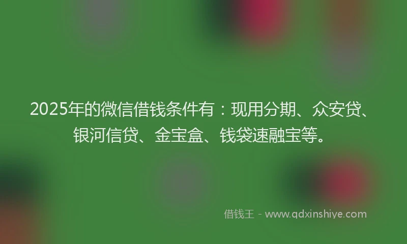 2025年的微信借钱条件有：现用分期、众安贷、银河信贷、金宝盒、钱袋速融宝等。