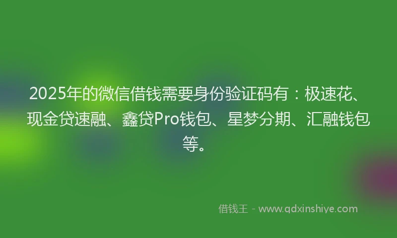 2025年的微信借钱需要身份验证码有：极速花、现金贷速融、鑫贷Pro钱包、星梦分期、汇融钱包等。