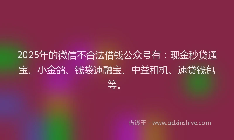 2025年的微信不合法借钱公众号有：现金秒贷通宝、小金鸽、钱袋速融宝、中益租机、速贷钱包等。
