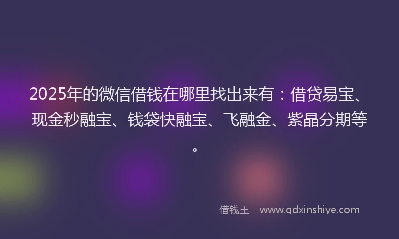 2025年的微信借钱在哪里找出来有：借贷易宝、现金秒融宝、钱袋快融宝、飞融金、紫晶分期等。