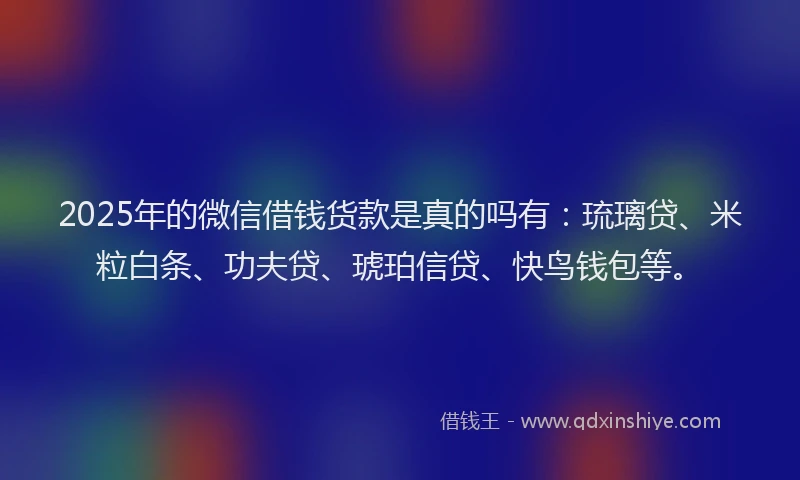 2025年的微信借钱货款是真的吗有：琉璃贷、米粒白条、功夫贷、琥珀信贷、快鸟钱包等。