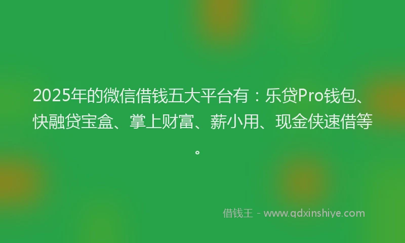 2025年的微信借钱五大平台有：乐贷Pro钱包、快融贷宝盒、掌上财富、薪小用、现金侠速借等。