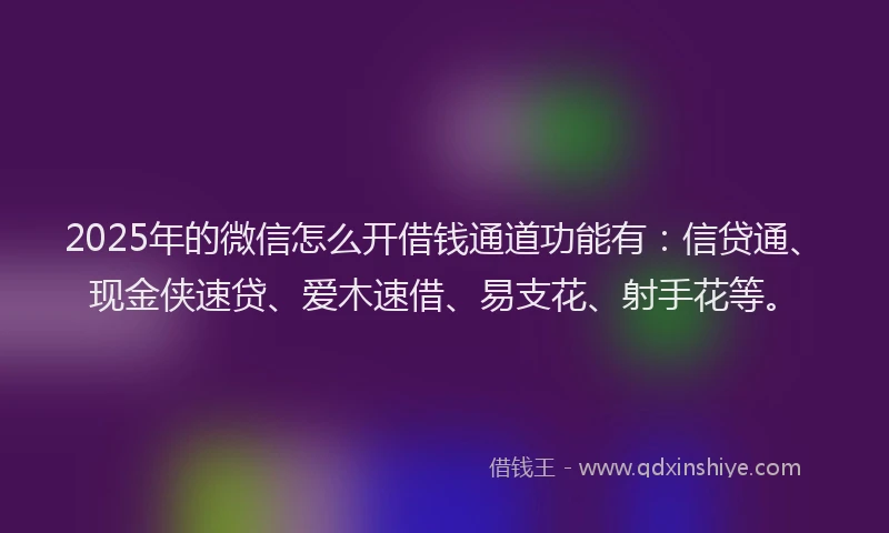 2025年的微信怎么开借钱通道功能有：信贷通、现金侠速贷、爱木速借、易支花、射手花等。
