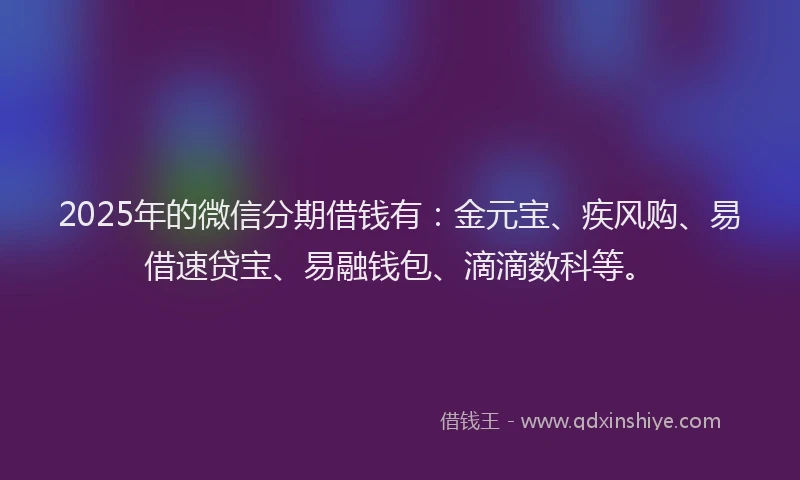 2025年的微信分期借钱有：金元宝、疾风购、易借速贷宝、易融钱包、滴滴数科等。