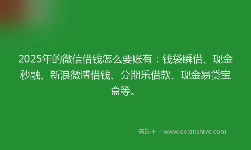 2025年的微信借钱怎么要账有：钱袋瞬借、现金秒融、新浪微博借钱、分期乐借款、现金易贷宝盒等。